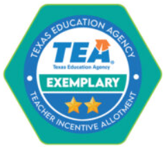 Hexagonal badge with "Texas Education Agency" text. Inside, "TEA Exemplary" is written above two gold stars. The tone conveys achievement and excellence.